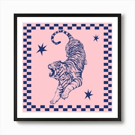 Tiger On Pink | Retro Tiger with Checkerboard Border 1 Art Print