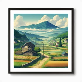 Serene Village Under The Mountains Art Print