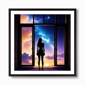Woman Looking Out Of Window At Night Art Print