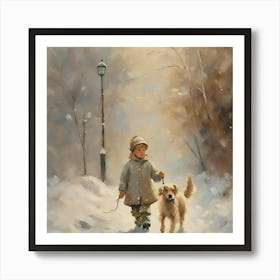 Boy And His Dog In The Snow 2 Art Print