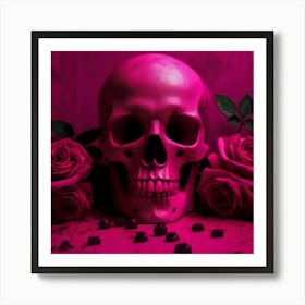 Pink Skull With Roses Art Print