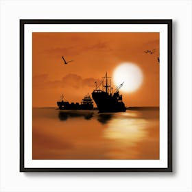 Silhouette Of Ships At Sunset Art Print