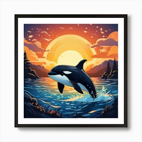 Orca Whale Jumping At Sunset art print Art Print