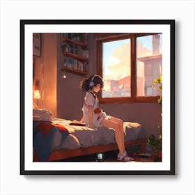 Anime Girl Sitting On Bed Art Print