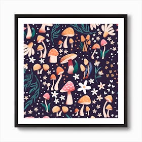 Mushrooms And Flowers On Purple Square Art Print