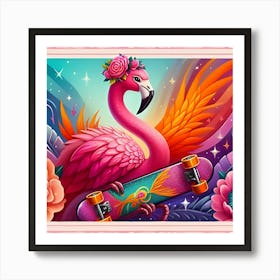 A Radiant Flamingo With A Sparkly Skateboard, Inspired By The Lively And Colorful Paintings Of Frida Kahlo, With A Bright Pink And Orange Palette, Where The Flamingo Is In Focus And The Background Is Blurred Into Vibrant Shapes (1) Art Print