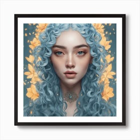 Blue Haired Girl with yellow background Art Print