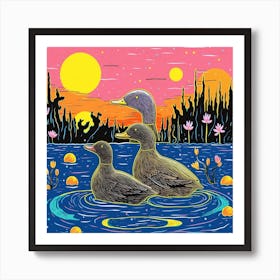 Duckling Colourful In The Pond Linocut Style 1 Art Print