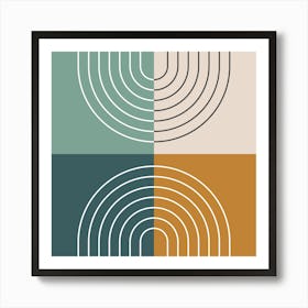 Abstract Rainbow Line and Colour Blocks I in Gold Beige Forest Sage Green, Midcentury Modern Design 1 Affiche