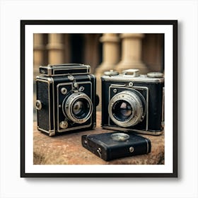 Old Fashioned Camera Cloaked In A Black Slim Case Placed Alongside A Vintage Compact Still That Fe Art Print