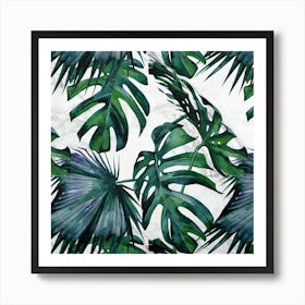 Tropical Leaves Palm and Monstera on Marble Art Print
