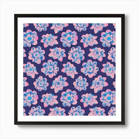 COSMIC COSMOS Multi Abstract Floral Summer Bright Flowers in Pale Pink Royal Blue on Dark Blue Art Print