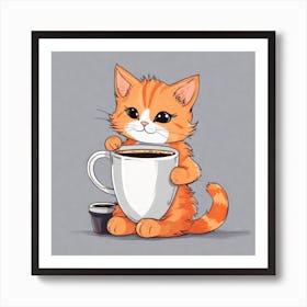 Cute Orange Kitten Loves Coffee Square Composition 12 Art Print
