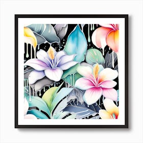 Seamless Tropical Floral Pattern Monochromatic Watercolor Art Print