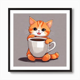 Cute Orange Kitten Loves Coffee Square Composition 27 Art Print