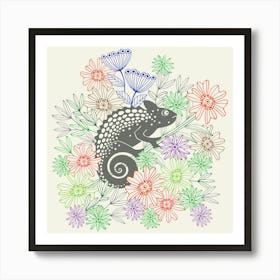 CHAMELEONS JUST WANNA HAVE FUN Cute Rainforest Reptile Line-Drawing Floral in Retro Gray Red Purple Blue Green Art Print