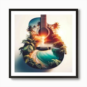 Acoustic Guitar, Tropical Vibes, Sunset, Beach Art Print