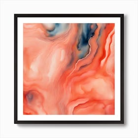 Beautiful salmon coral abstract background. Drawn, hand-painted aquarelle. Wet watercolor pattern. Artistic background with copy space for design. Vivid web banner. Liquid, flow, fluid effect. Art Print