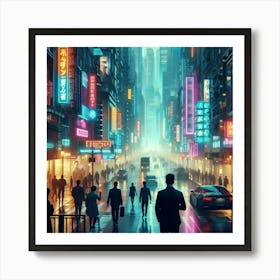 A rainy day in the city. People are walking on the street with their umbrellas. The city lights are reflected on the wet pavement. There is a car with a glowing blue light driving down the street. The city is full of life and energy, even on a rainy day. Art Print