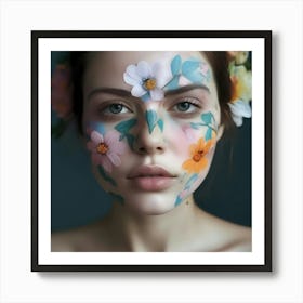 Beautiful Woman With Flowers On Her Face Art Print