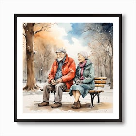 Old Couple Sitting On Park Bench Art Print