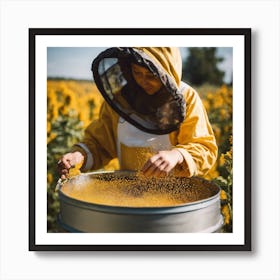 Beekeeper In A Sunflower Field Art Print