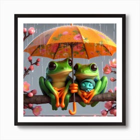 Two Frogs Under An Umbrella Art Print