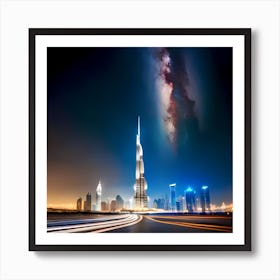 Burj Khalifa - Burj Khalifa with milky way galaxy Stock Videos & Royalty- Footage Art Print