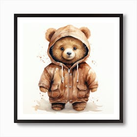 Watercolour Cartoon Brown Bear In A Hoodie Art Print