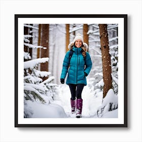 Beautiful woman in winter gear hiking on a snowy trail in the woods Art Print