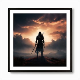 Witcher 3, A Silhouette Of A Warrior Standing Tall On A Battlefield With A Serene Background Signifying Inner Art Print