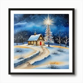 Cozy Winter Cottage Painting A Magical Christmas Night Art Print