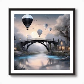 Hot Air Balloons Over A Bridge Landscape 2 Art Print