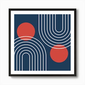 Mid Century Modern Geometric In Navy Blue And Clear Red (Rainbow And Sun Abstract) 02 Art Print