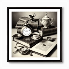 Monochromatic Still Life Composition Featuring A Collection Of Vintage Objects Such As Old Books A Pocket Watch And An Antique ( Art Print