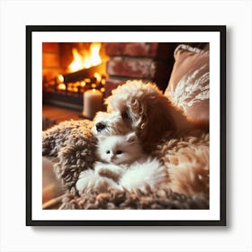 Dog And Cat Cuddling In Front Of Fireplace Art Print