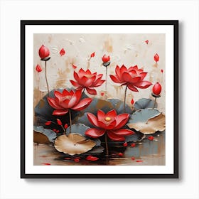 Pattern with red Lotus flowers 1 Art Print