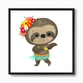 Cute Sloth Dancing Hula Square Art Print