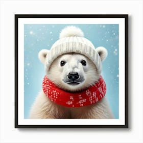 Firefly Playful, Endearing, Polar, Bear, Cub, Fluffy, White, Fur, Snowy, Backdrop, Knit, Cap, Scarf, Art Print