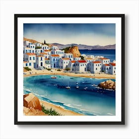 Crete, Greece.Summer on a Greek island. Sea. Sand beach. White houses. Blue roofs. The beauty of the place. Watercolor. 1 Art Print