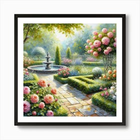 Rose Garden With The Fountain, Acrylic Style Painting 20 Art Print