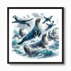 Sea Seals In Motion, Sea Seals Watercolour Art Print 4 Art Print