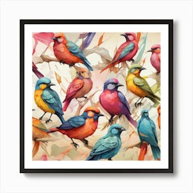Colorful Birds On Branches Seamless Pattern Art Print