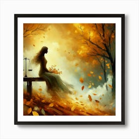 Autumn Woman Sitting On Bench Art Print