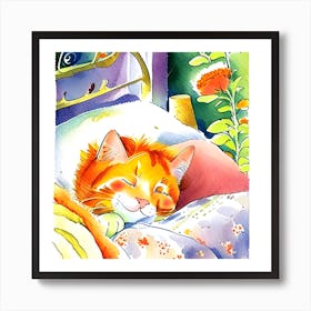 Orange Cat In Bed Art Print