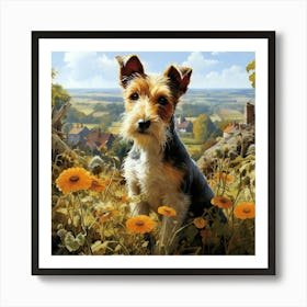 Wire Hair Fox Terrier Amongst Flowers At The Hilltop 1 Art Print