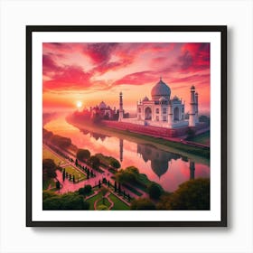 Sunrise Over Taj Mahal In Agra Art Print