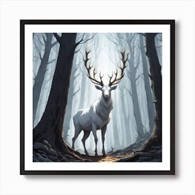 A White Stag In A Fog Forest In Minimalist Style Square Composition 56 Art Print