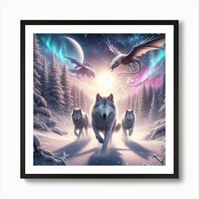 Snowy Wolf Pack Family 7 Art Print