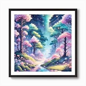 A Fantasy Forest With Twinkling Stars In Pastel Tone Square Composition 364 Art Print